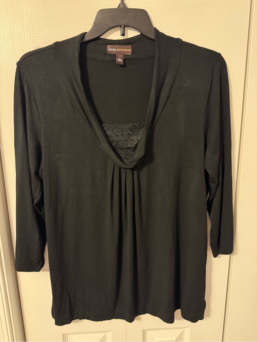 Dana Buchman Black Lace-Trim Scoop Neck Long Sleeve Top